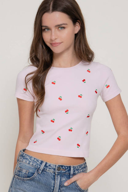 Short Sleeve Crew Neck Cherry Embroidery Detail Seamless Top