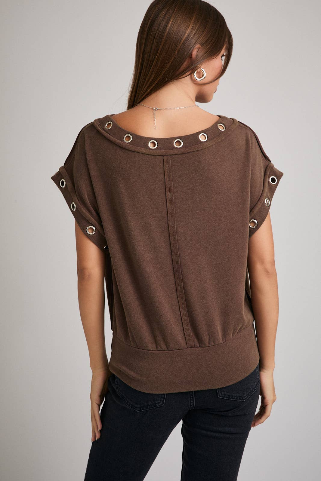 Brown Rivet Short Sleeve Top