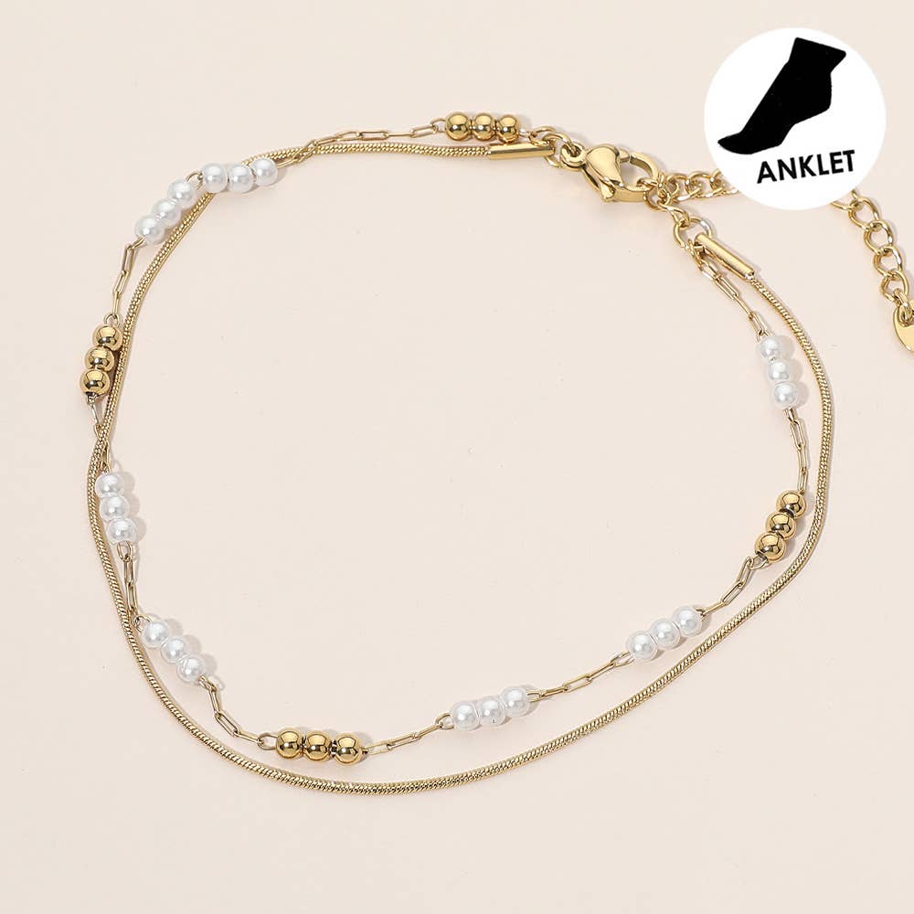 Stainless Steel Pearl Ball Beaded Layered Chain Anklet