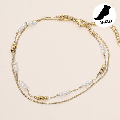 Stainless Steel Pearl Ball Beaded Layered Chain Anklet
