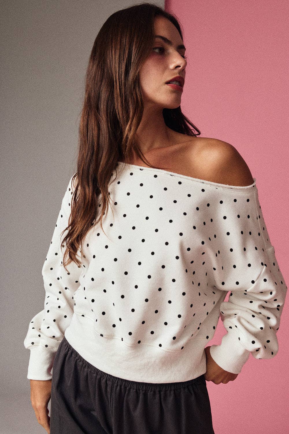 White/Black Polka Dot Off Shoulder Sweatshirt