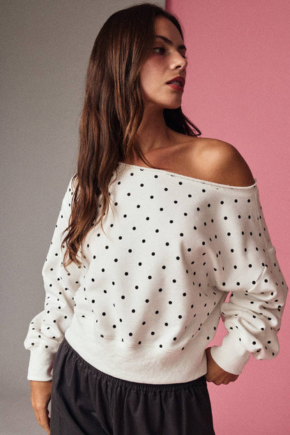 White/Black Polka Dot Off Shoulder Sweatshirt