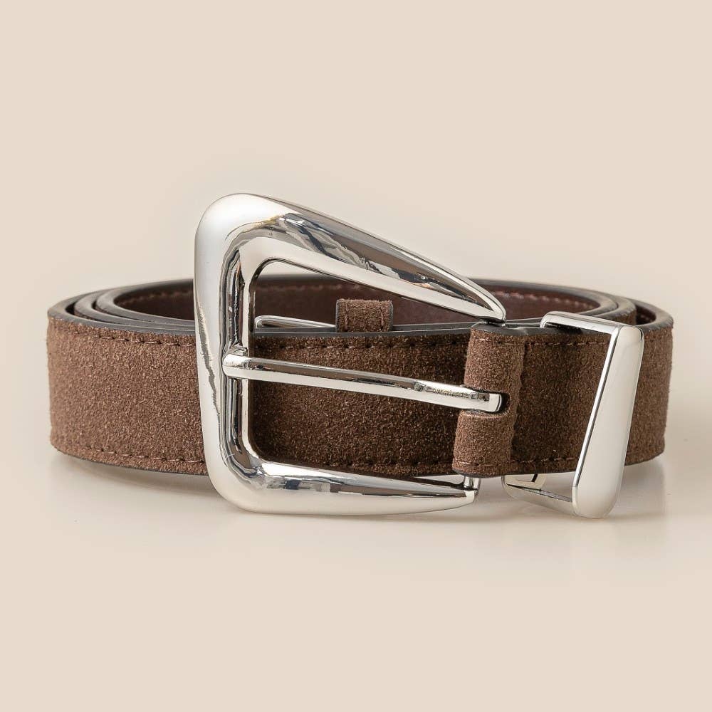 Warped Buckle Suede Leather Belt