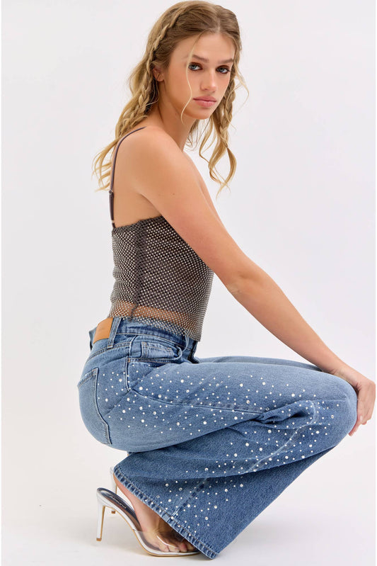High Rise Wide Leg Rhinestone Jeans