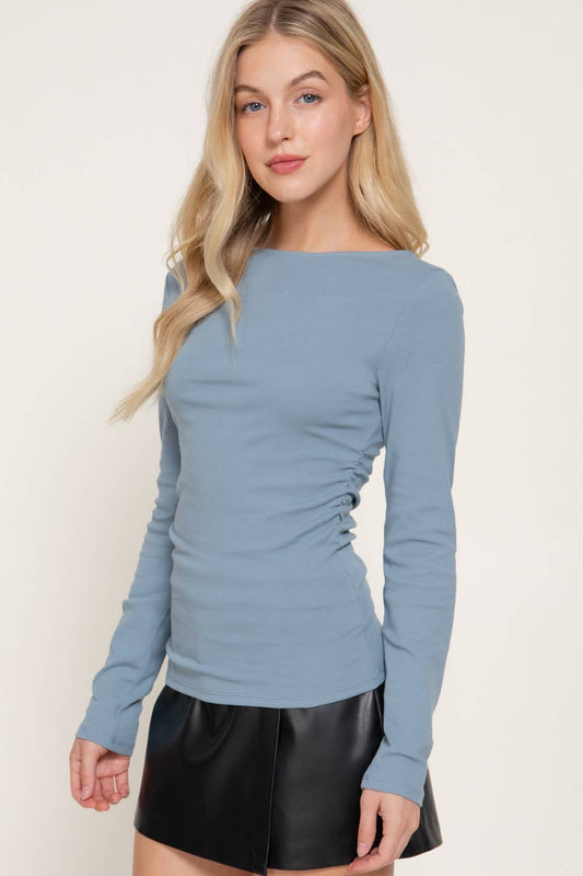 Light Blue Long Sleeve Boat Neck Shirring Rib Knit Top