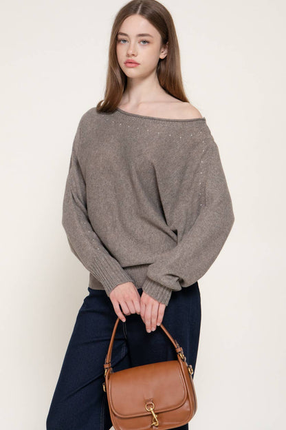 Long Sleeve Wide Boat Neck Studded Sweater