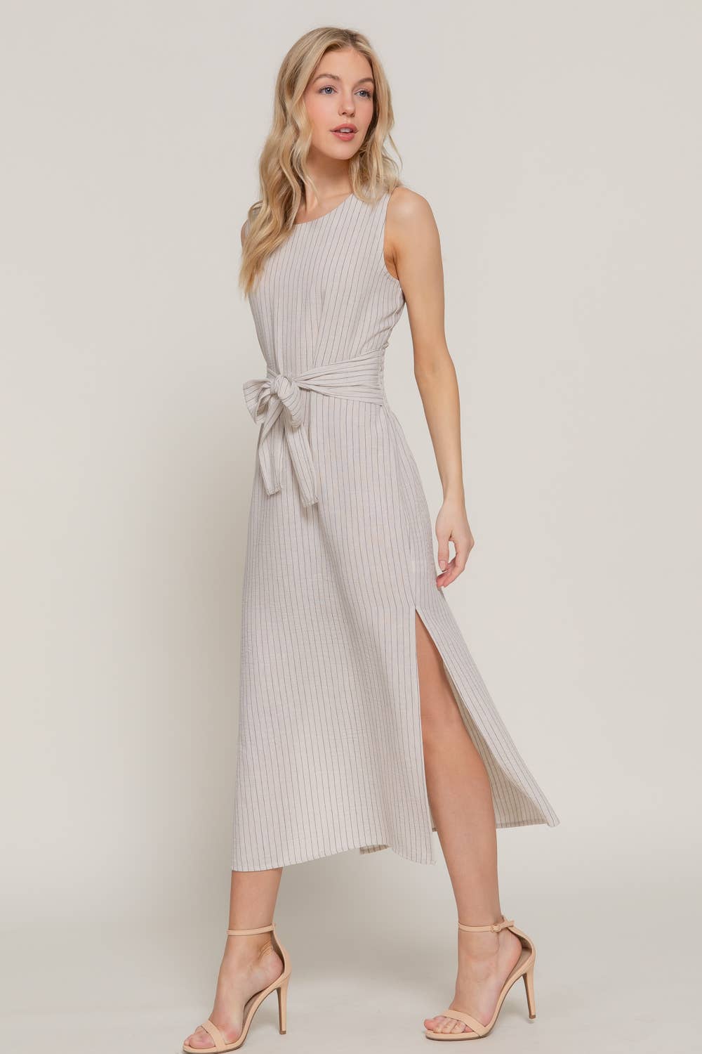 Beige Round Neck Waist Tie Stripe Linen Midi Dress