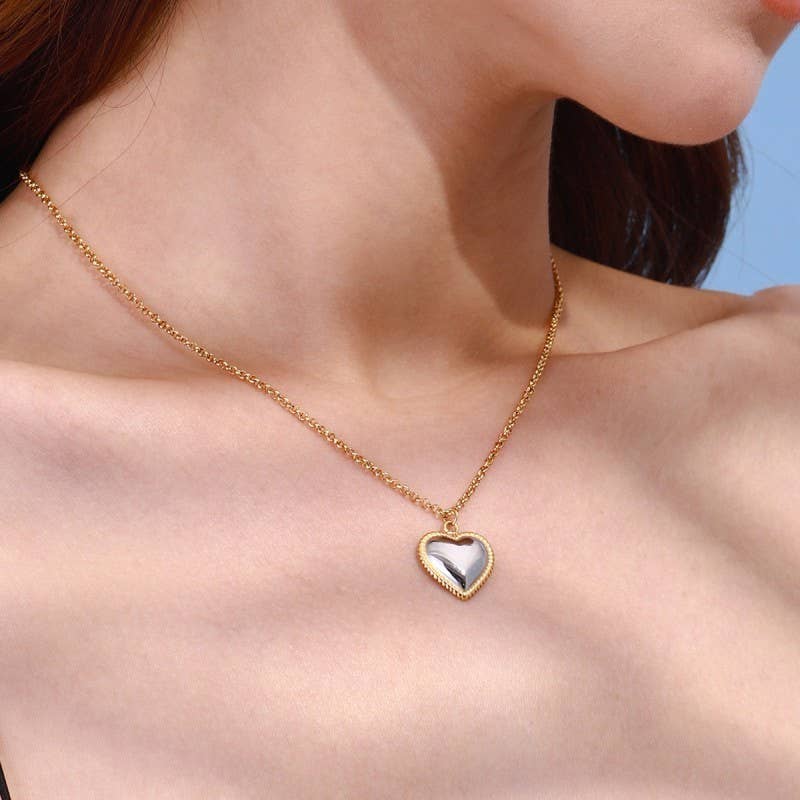 Dual Tone Stainless Steel Heart Necklace