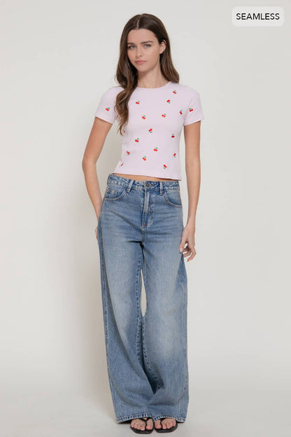Short Sleeve Crew Neck Cherry Embroidery Detail Seamless Top