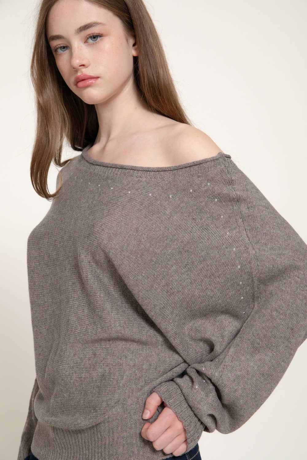 Long Sleeve Wide Boat Neck Studded Sweater