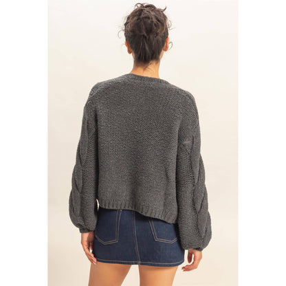 Charcoal Cable Knit Open Front Cardigan Sweater