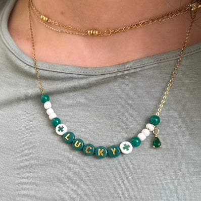 "Lucky" Green Beads Name Necklace w/ charm