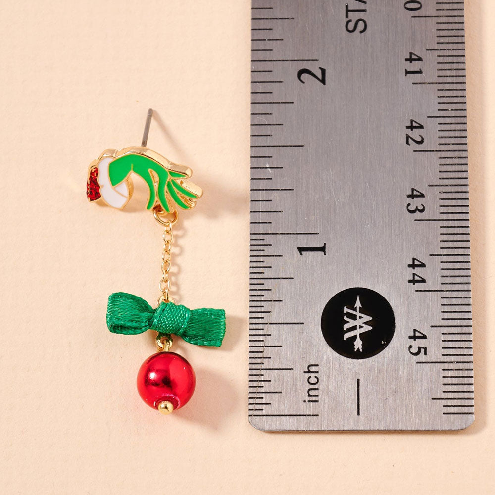 Enamel Grinch Hand Bow Bell Dropdown Earrings