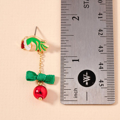 Enamel Grinch Hand Bow Bell Dropdown Earrings