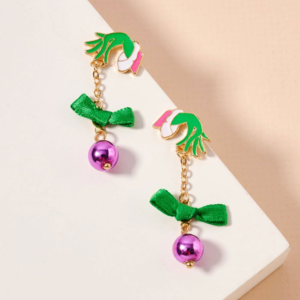 Enamel Grinch Hand Bow Bell Dropdown Earrings