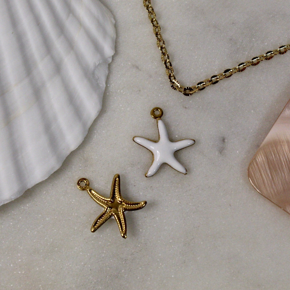 White Embossed Gold Starfish Charm