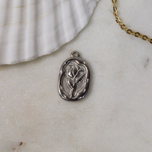 Silver Embossed Vintage Rose Charm