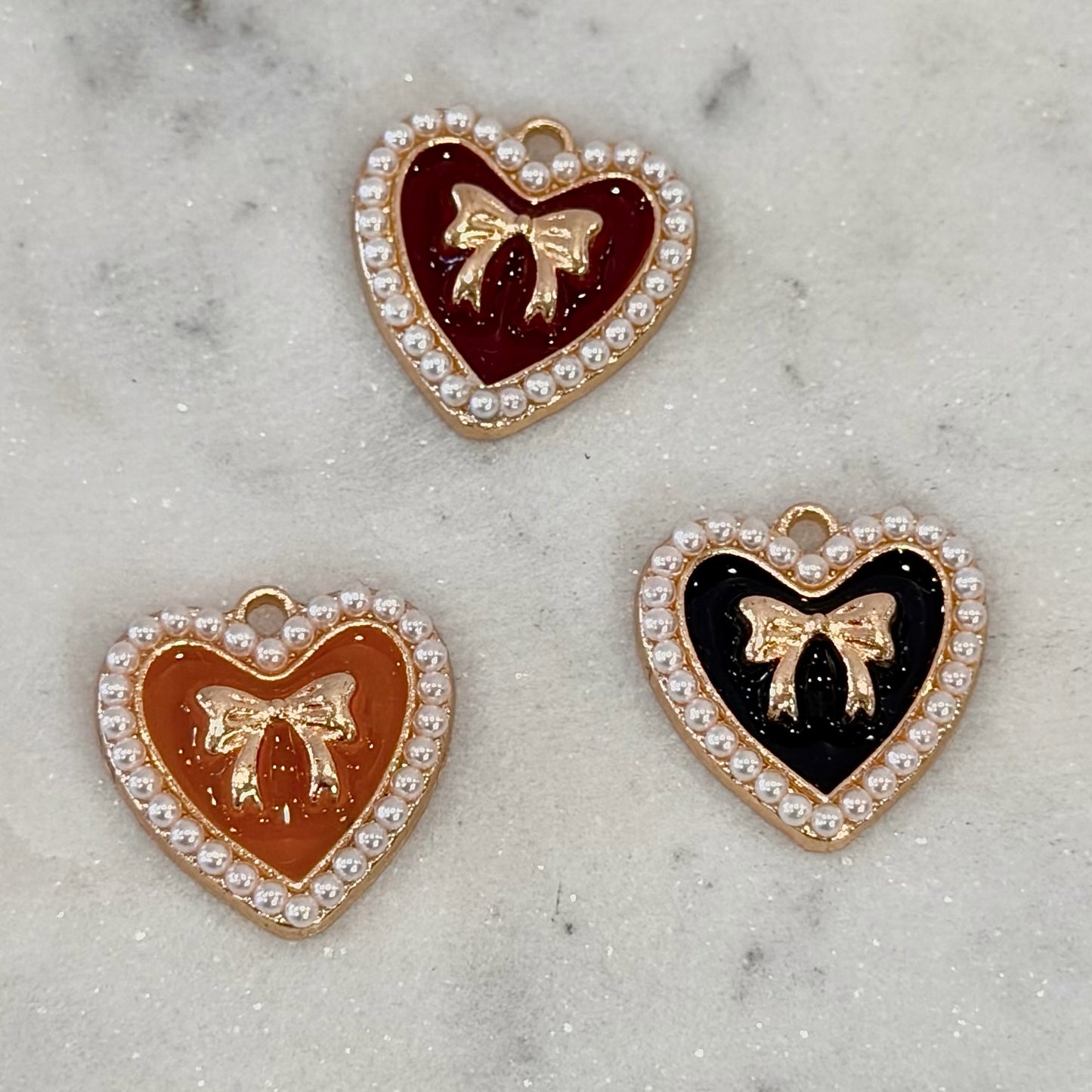 Ornate Pearl Detail Heart and Bow Colored Charms