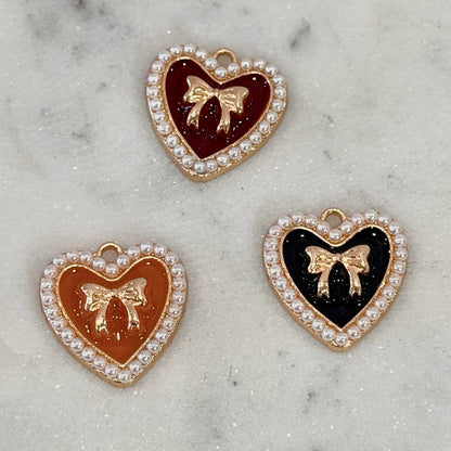 Ornate Pearl Detail Heart and Bow Colored Charms