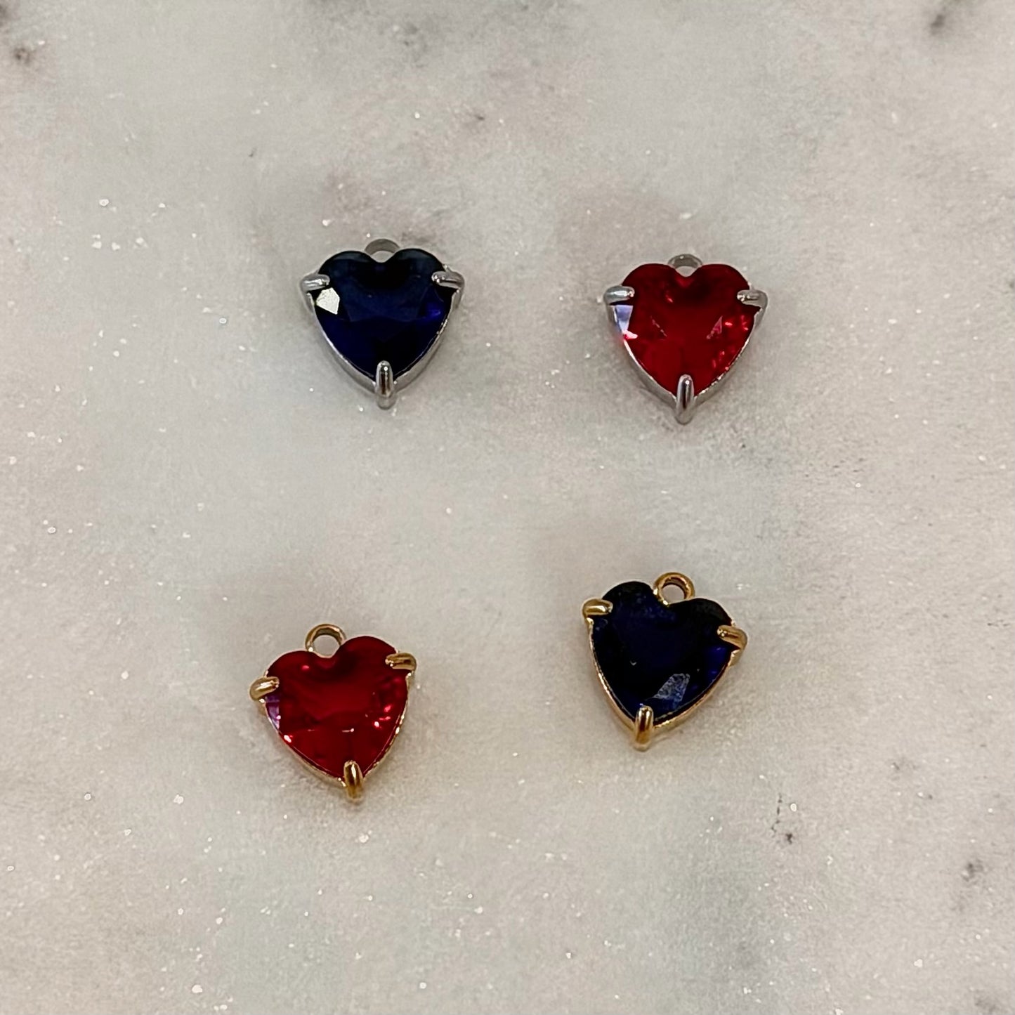 Red or Blue Rhinestone heart Charm | Gold or Silver