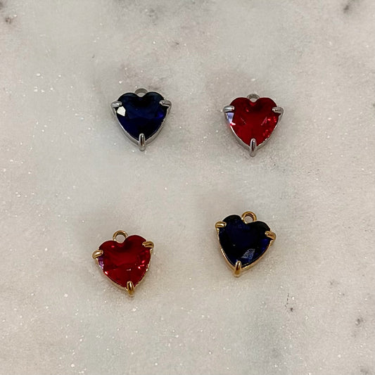 Red or Blue Rhinestone heart Charm | Gold or Silver
