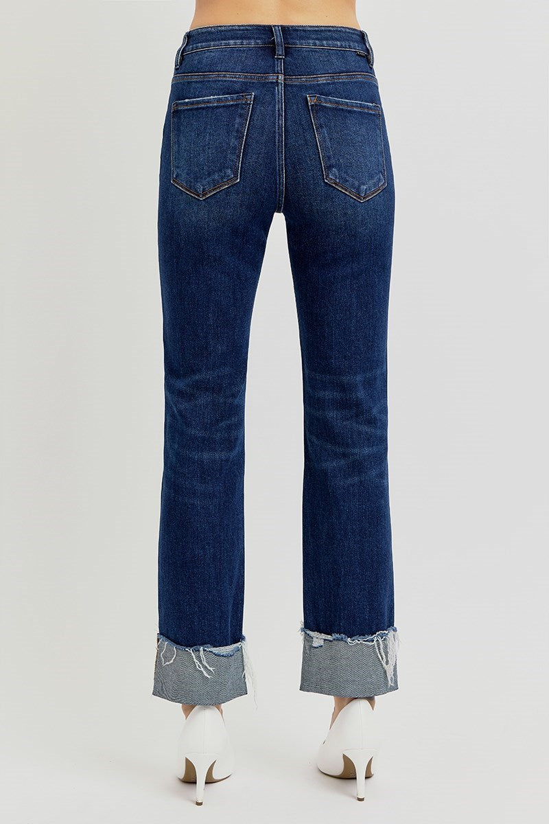 High Rise Crop Straight Cuffed Jeans