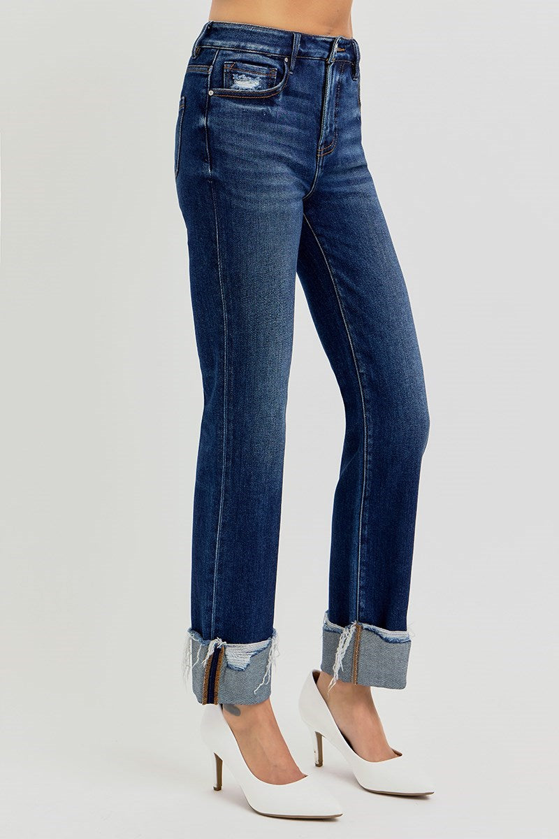 High Rise Crop Straight Cuffed Jeans