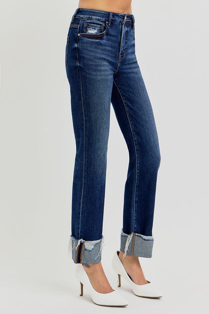 High Rise Crop Straight Cuffed Jeans