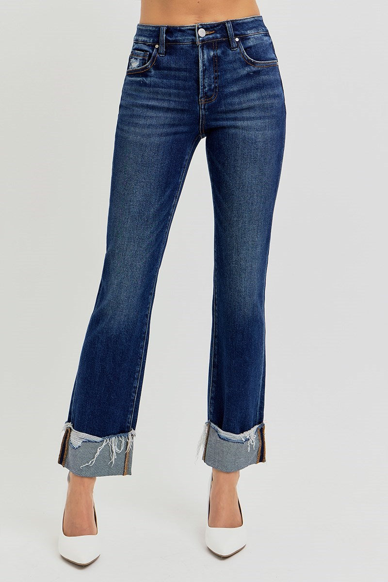 High Rise Crop Straight Cuffed Jeans