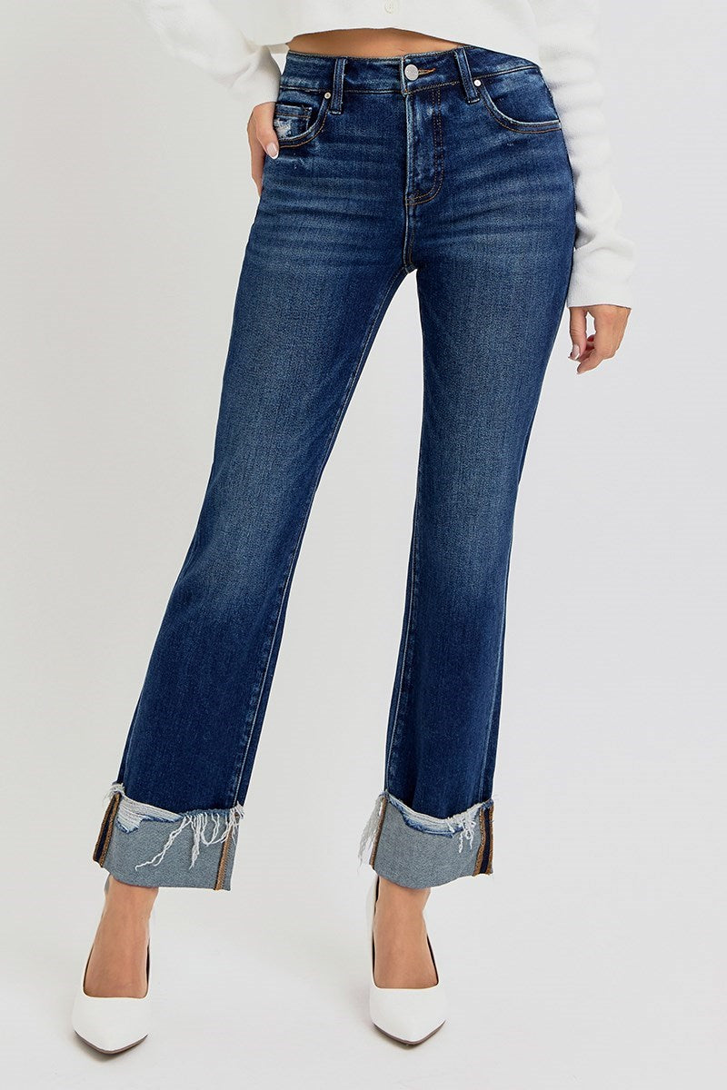 High Rise Crop Straight Cuffed Jeans
