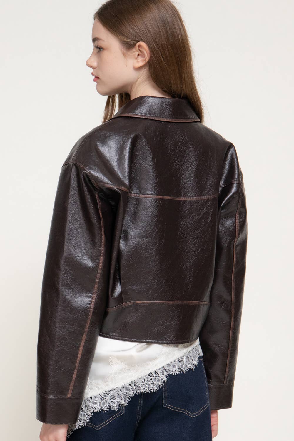Lapel Collar Washed Effect Faux Leather Jacket