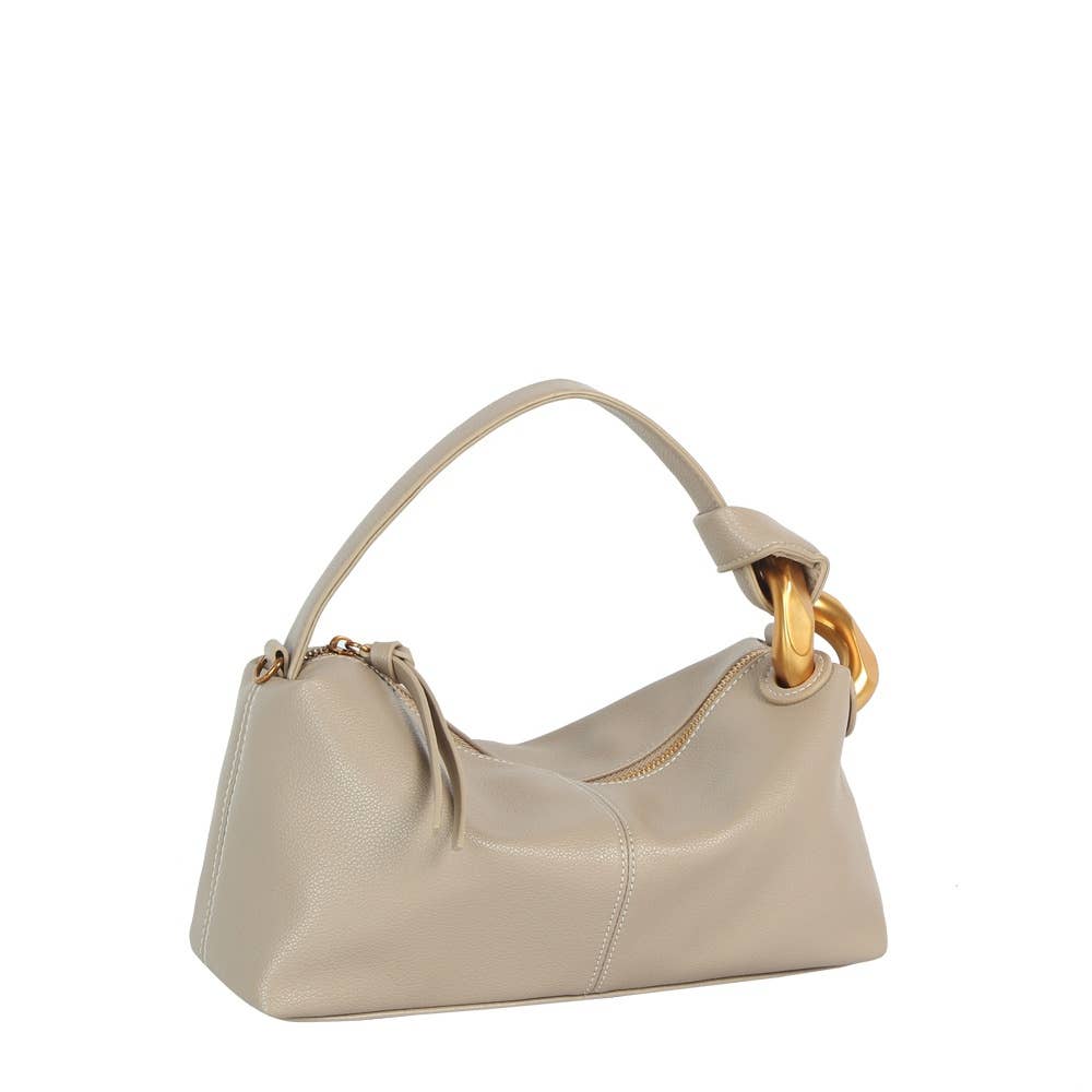 Chunky Link Handle Hobo Baguette Bag in Stone