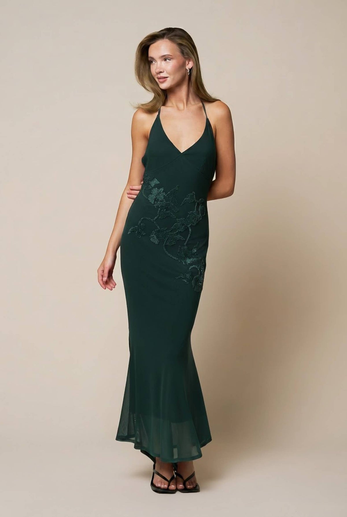 Embellished Halter Maxi Hunter Green Dress