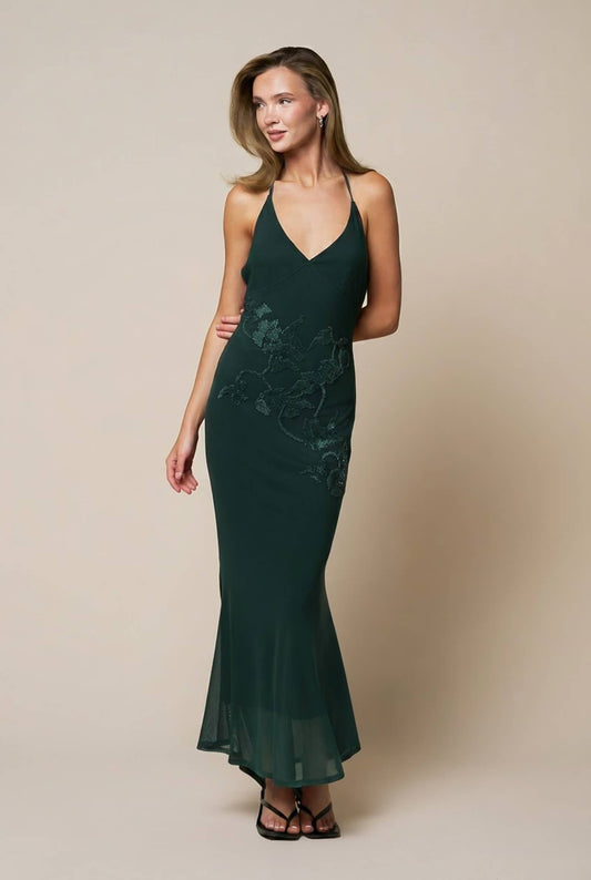 Embellished Halter Maxi Hunter Green Dress