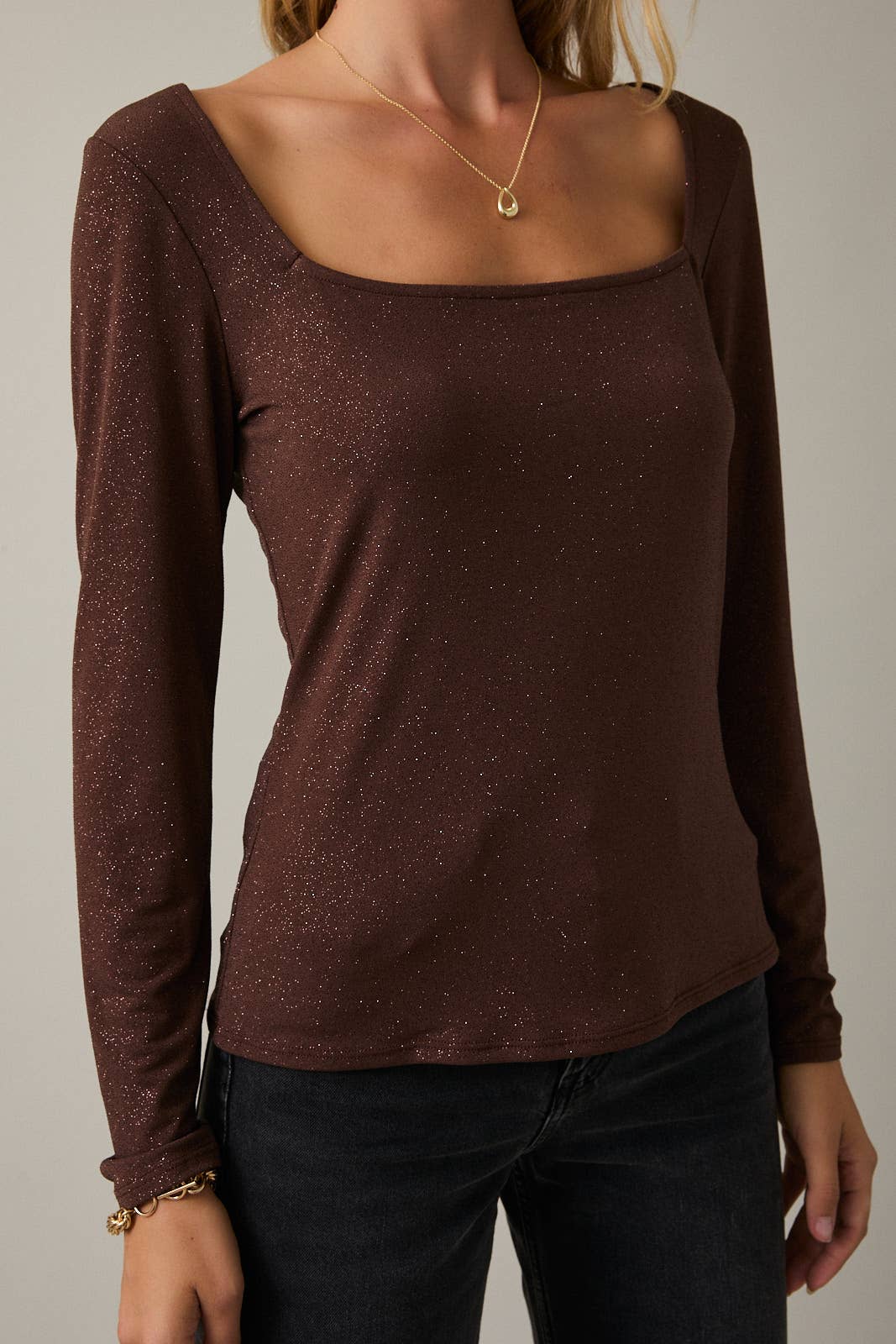 Brown Shimmer Square Neck Top