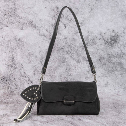Suede Shoulder Bag Heart And Tassel Accent | Black or Taupe