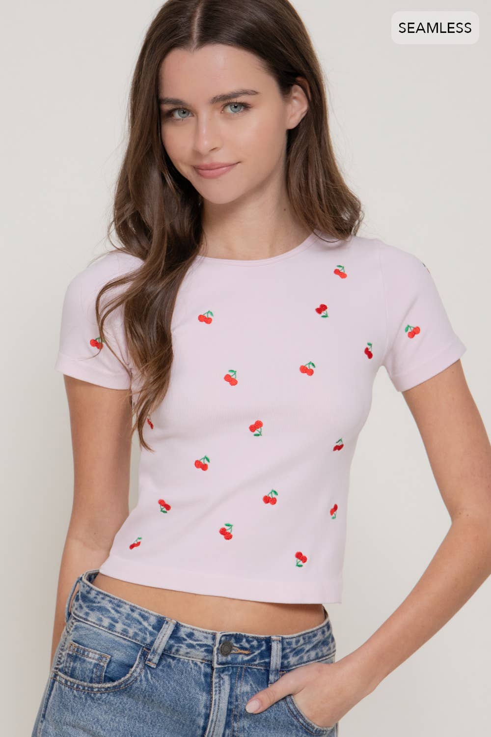 Short Sleeve Crew Neck Cherry Embroidery Detail Seamless Top