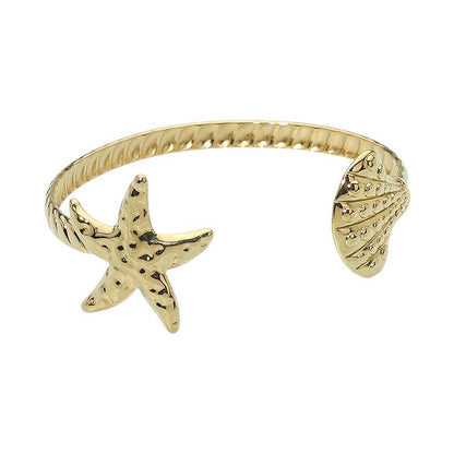 Stainless Steel Textured Starfish Seashell Tip Open Cuff Bracelet