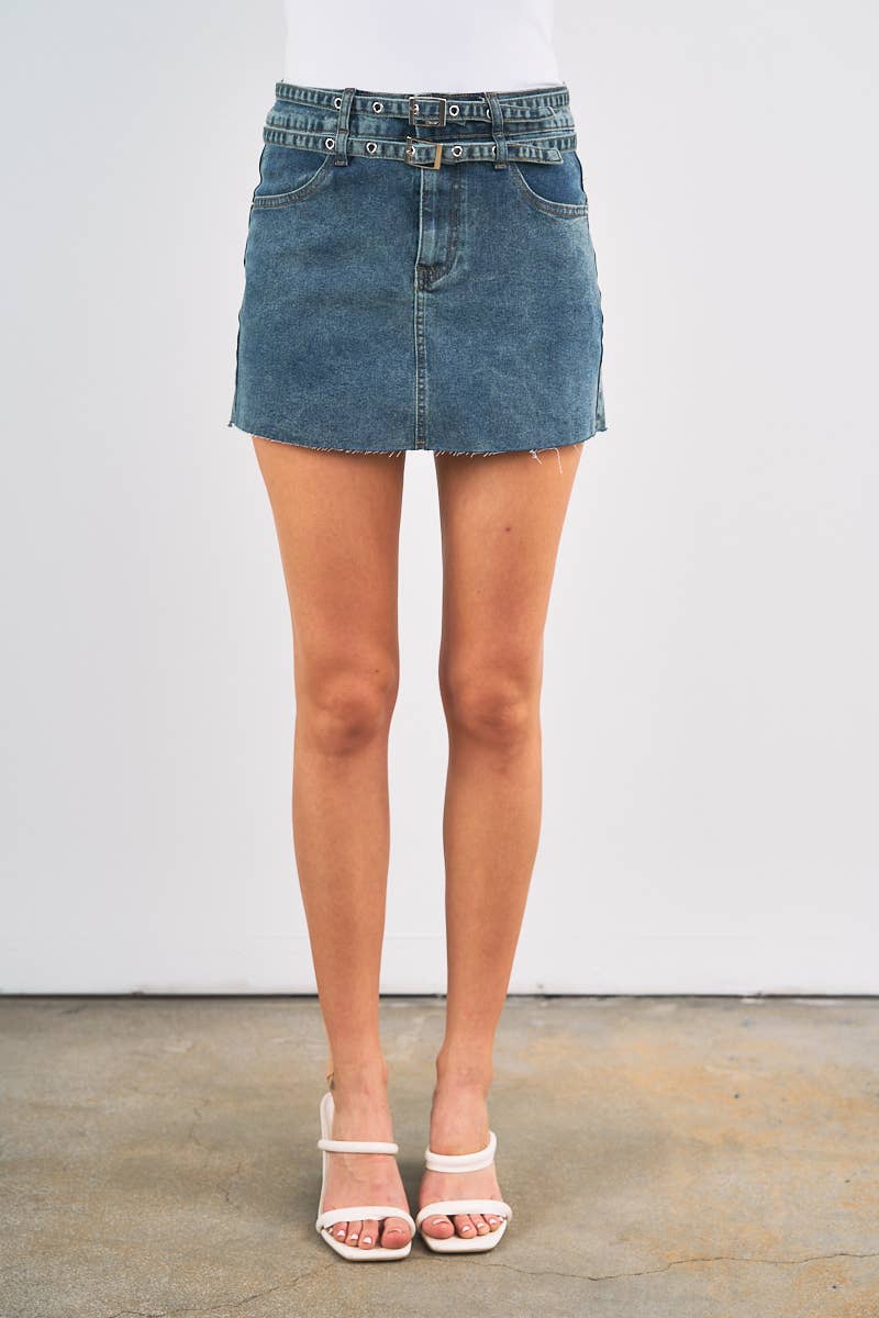 6575-DOUBLE BELT DENIM SKIRT