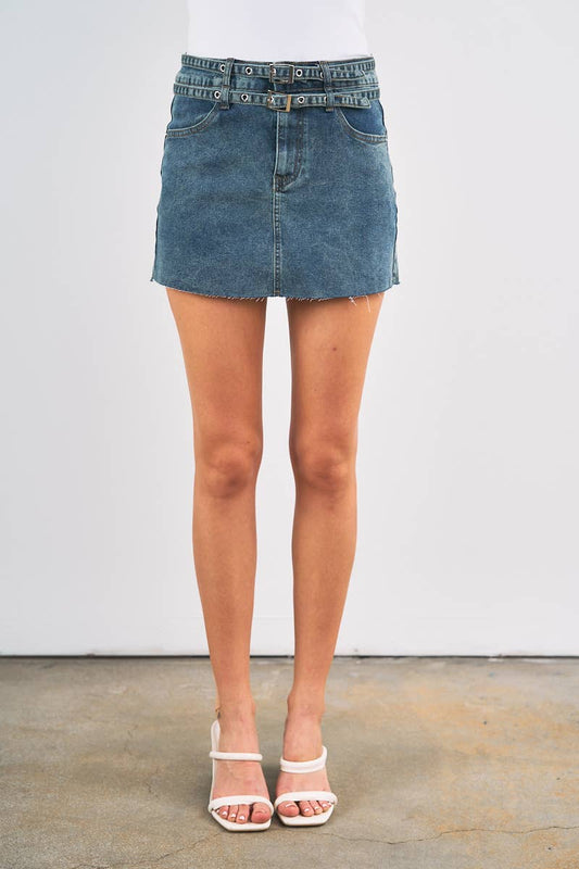 Double Belted Denim Skirt
