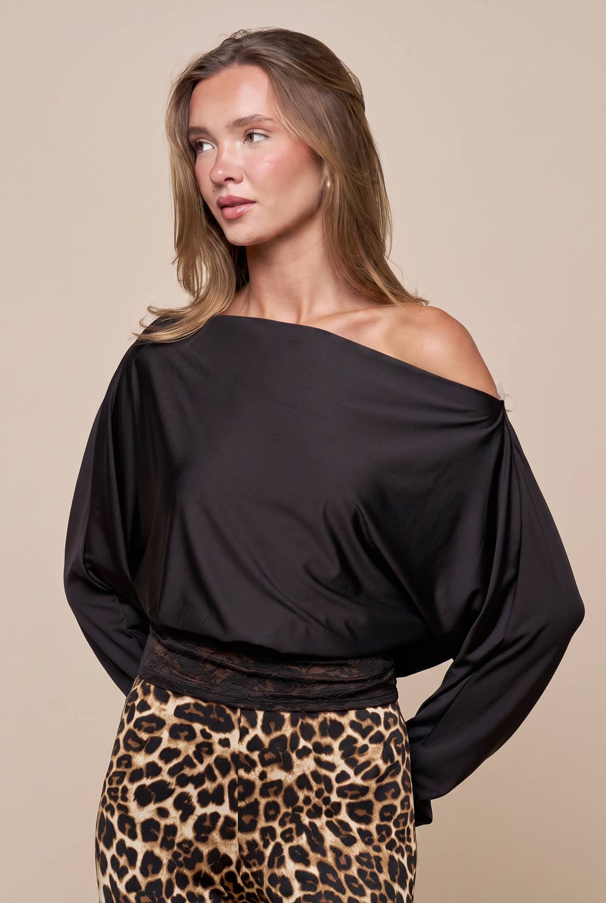 Black OTS Long Sleeve Top with Lace Hem