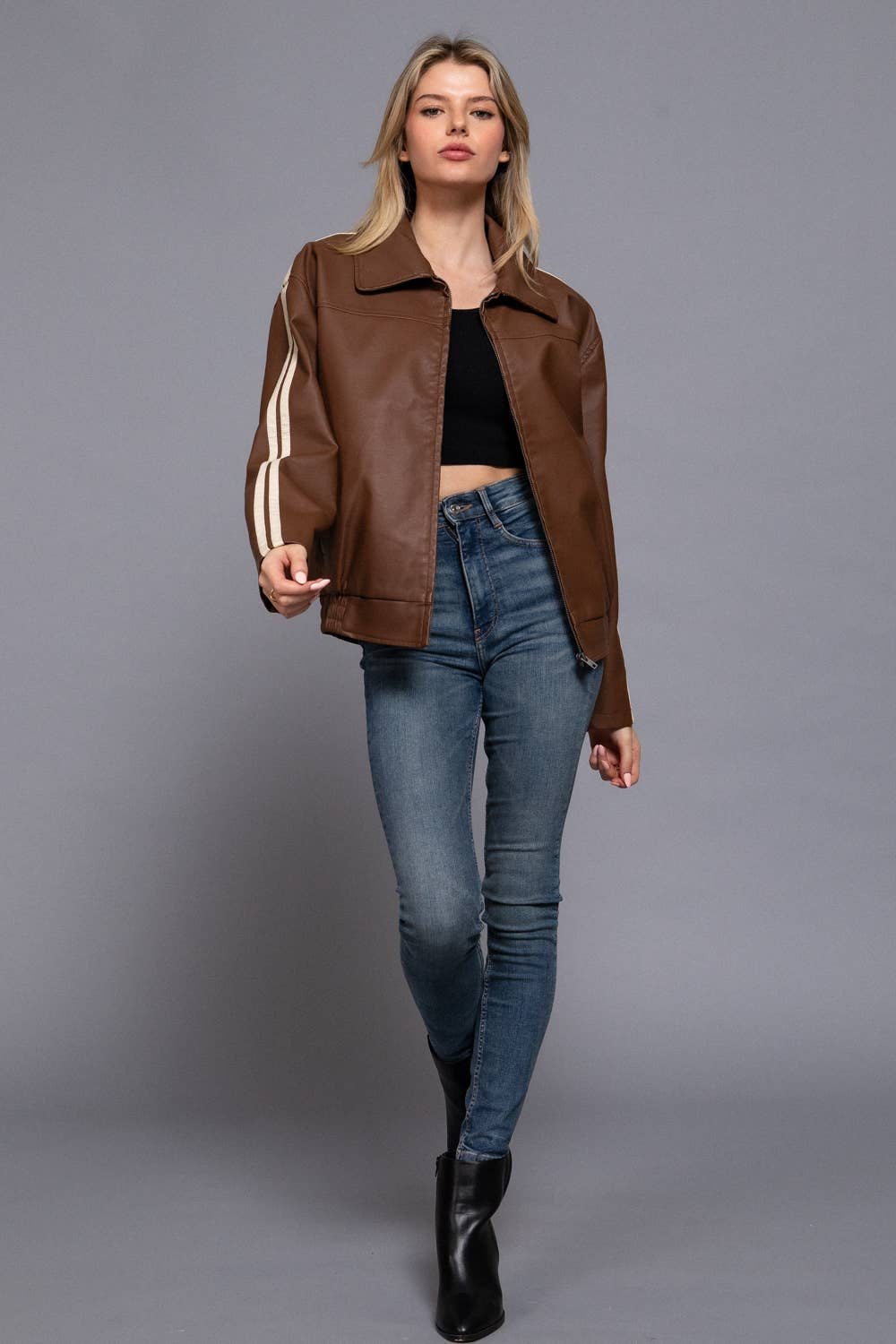 Line Detail Faux Leather Jacket - Black