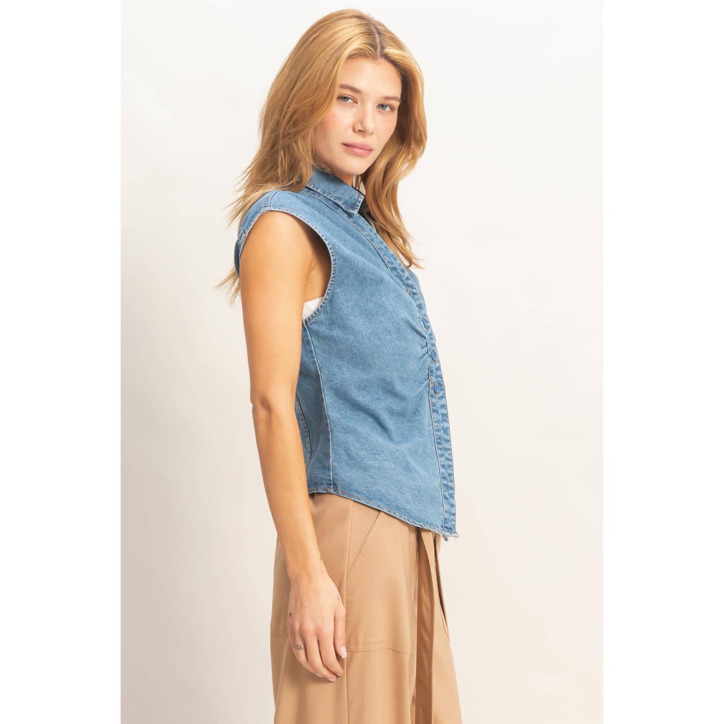 Sleeveless Blue Denim Button-Up Top