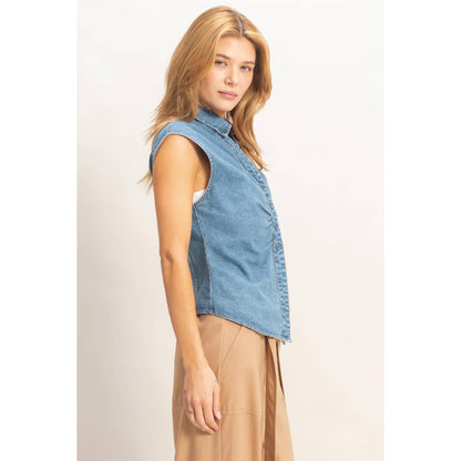 Sleeveless Blue Denim Button-Up Top