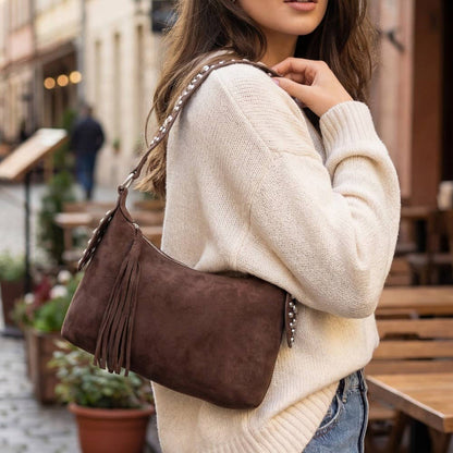 Brown Dome Studded Suede Shoulder Bag