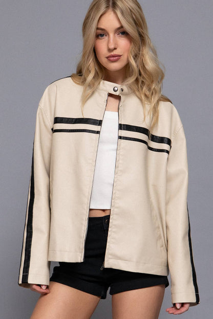 Line Detail Faux Leather Jacket - Cream