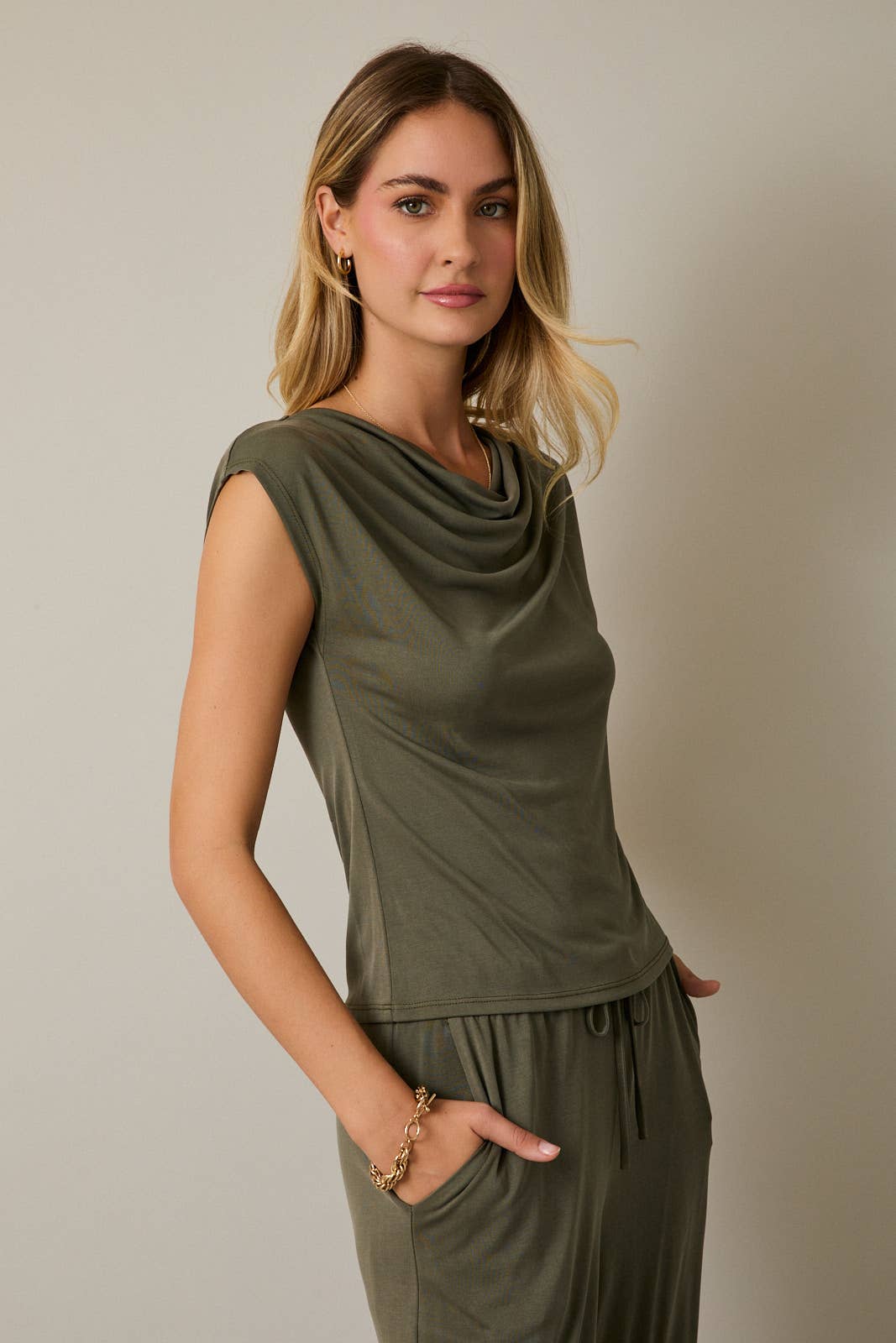 Olive Cowl Neck Cap Sleeve Top