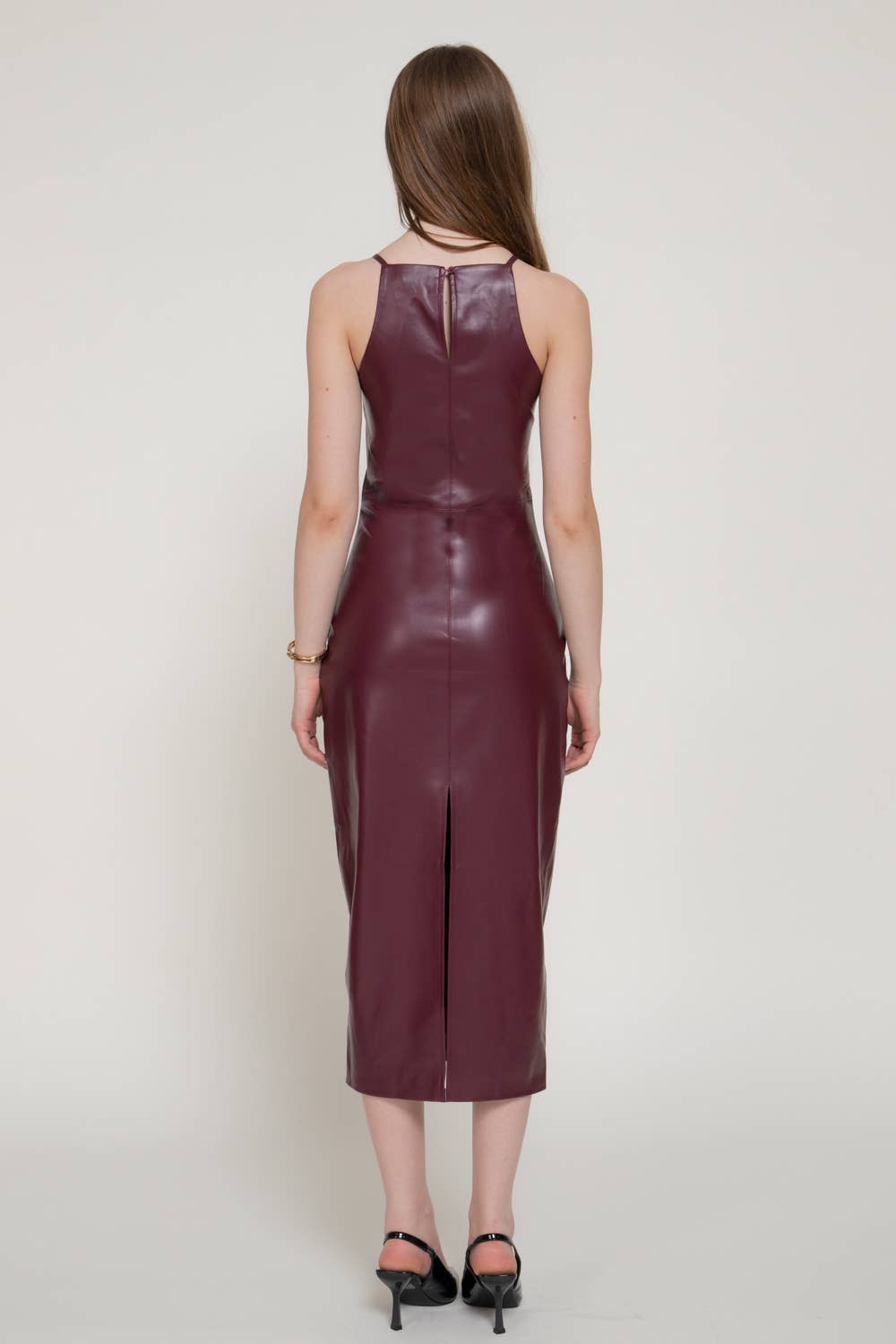 Halter Neck Burgundy Faux Leather Long Dress