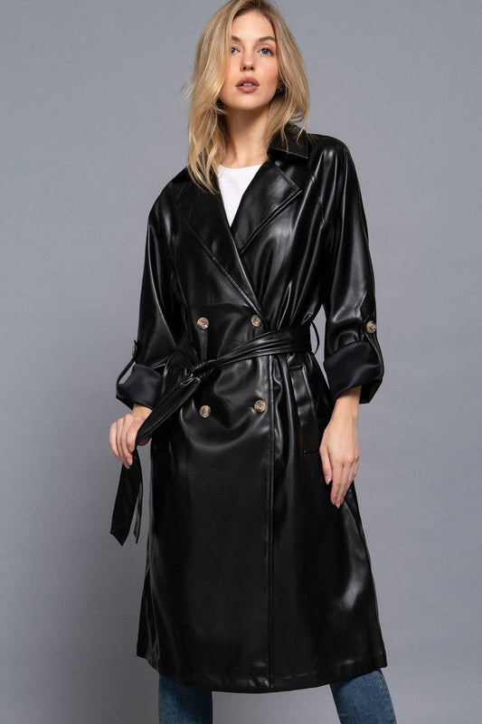 Double Breasted Black Faux Leather Trench Coat