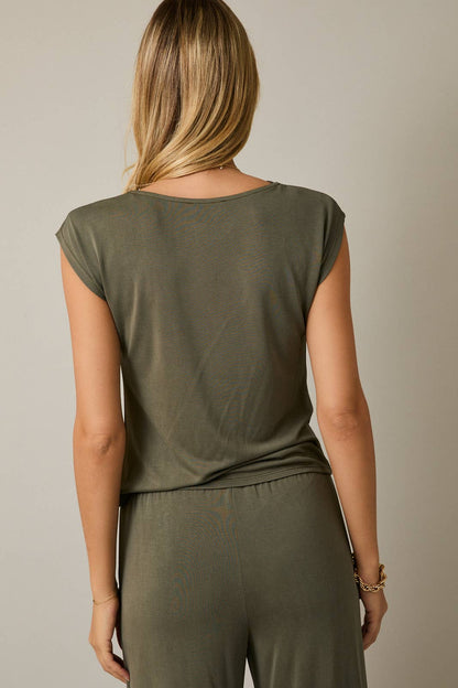 Olive Cowl Neck Cap Sleeve Top